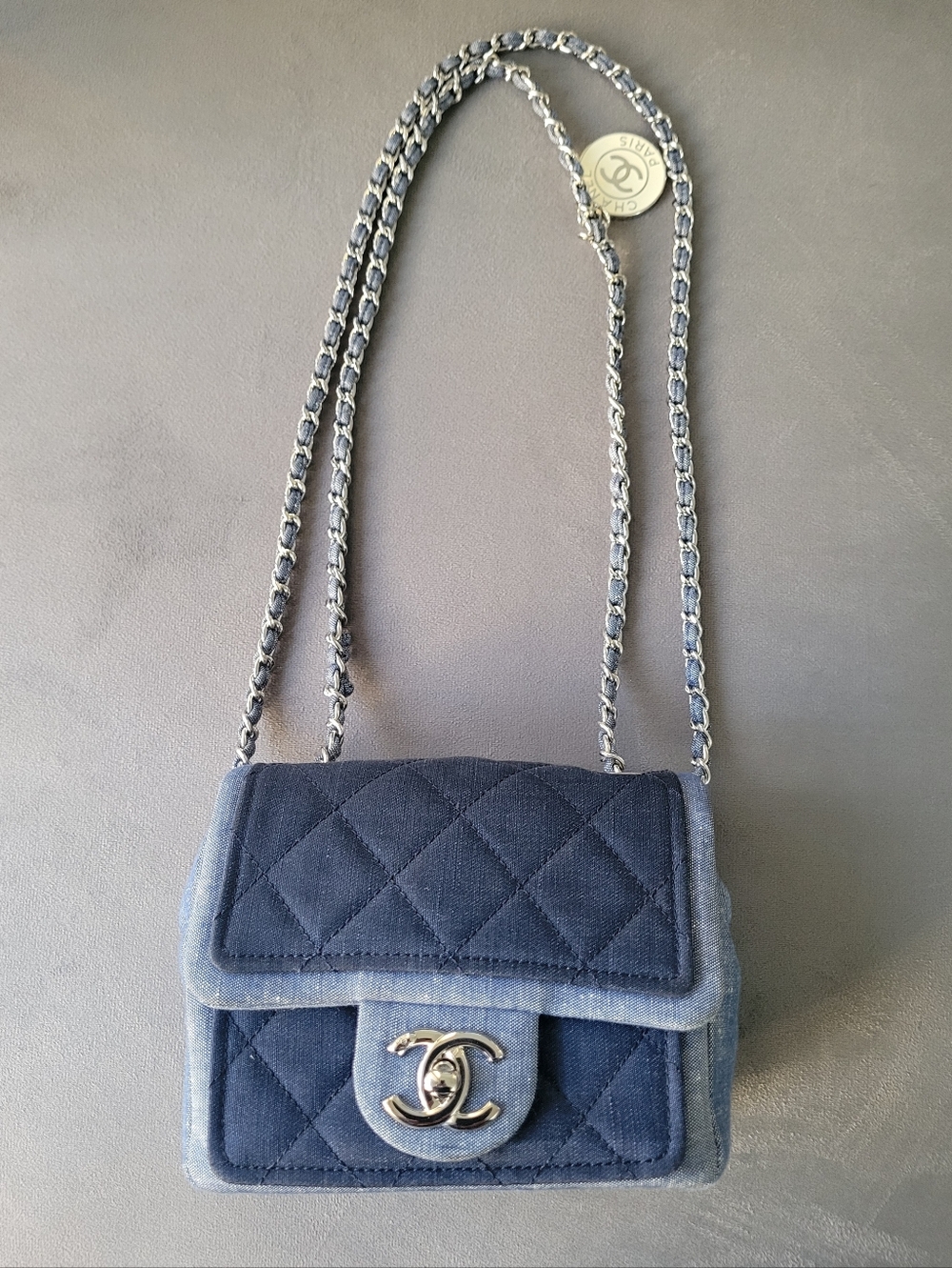 CHANEL Denim Quilted Mini Flap Crossbody in Dark Navy and Light Blue